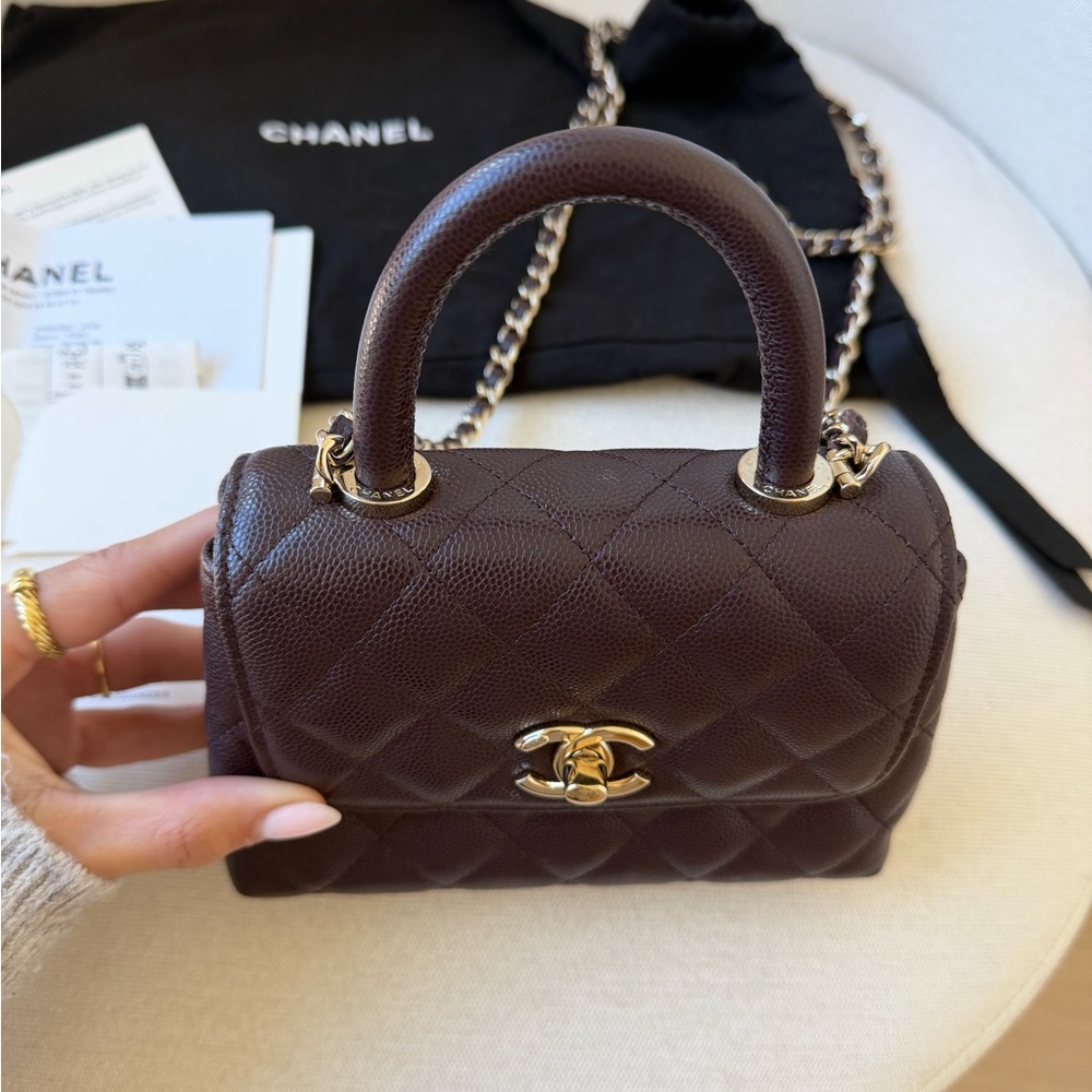 CHANEL Mini Coco Handle Flap Bag Burgundy Caviar Gold With Receipt - Picture 5 of 10
